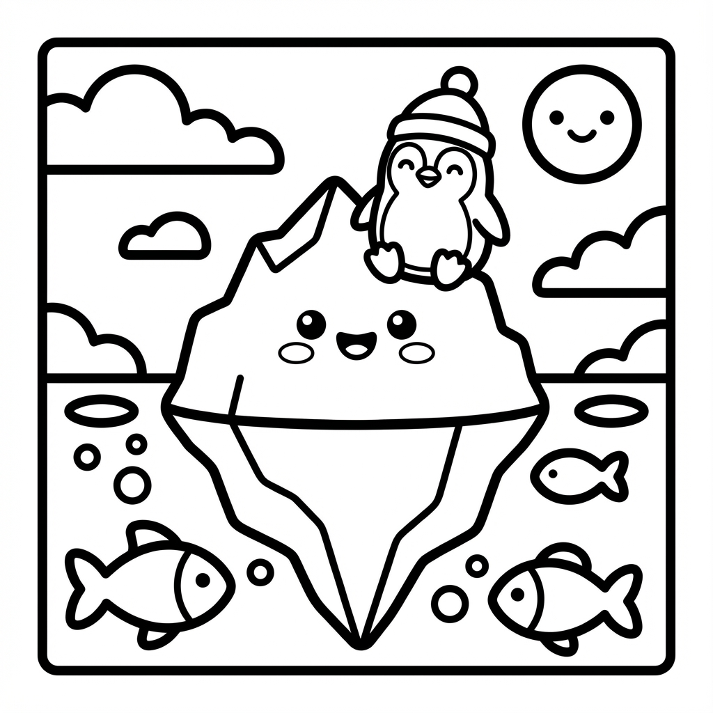 Cute penguin wearing a beanie sitting on a smiling iceberg, a perfect beginner coloring pages design with simple shapes coloring bold lines.